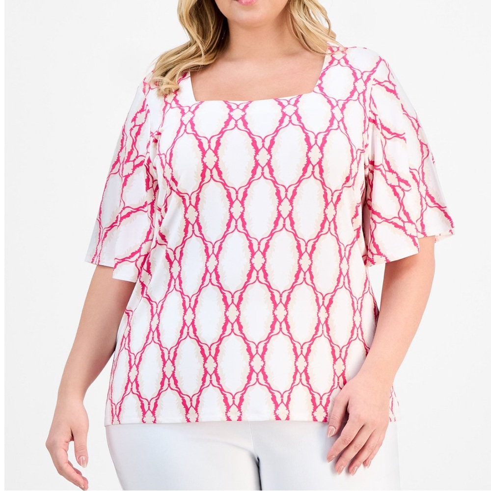 JM COLLECTION pink and white geometric blouse size 3X